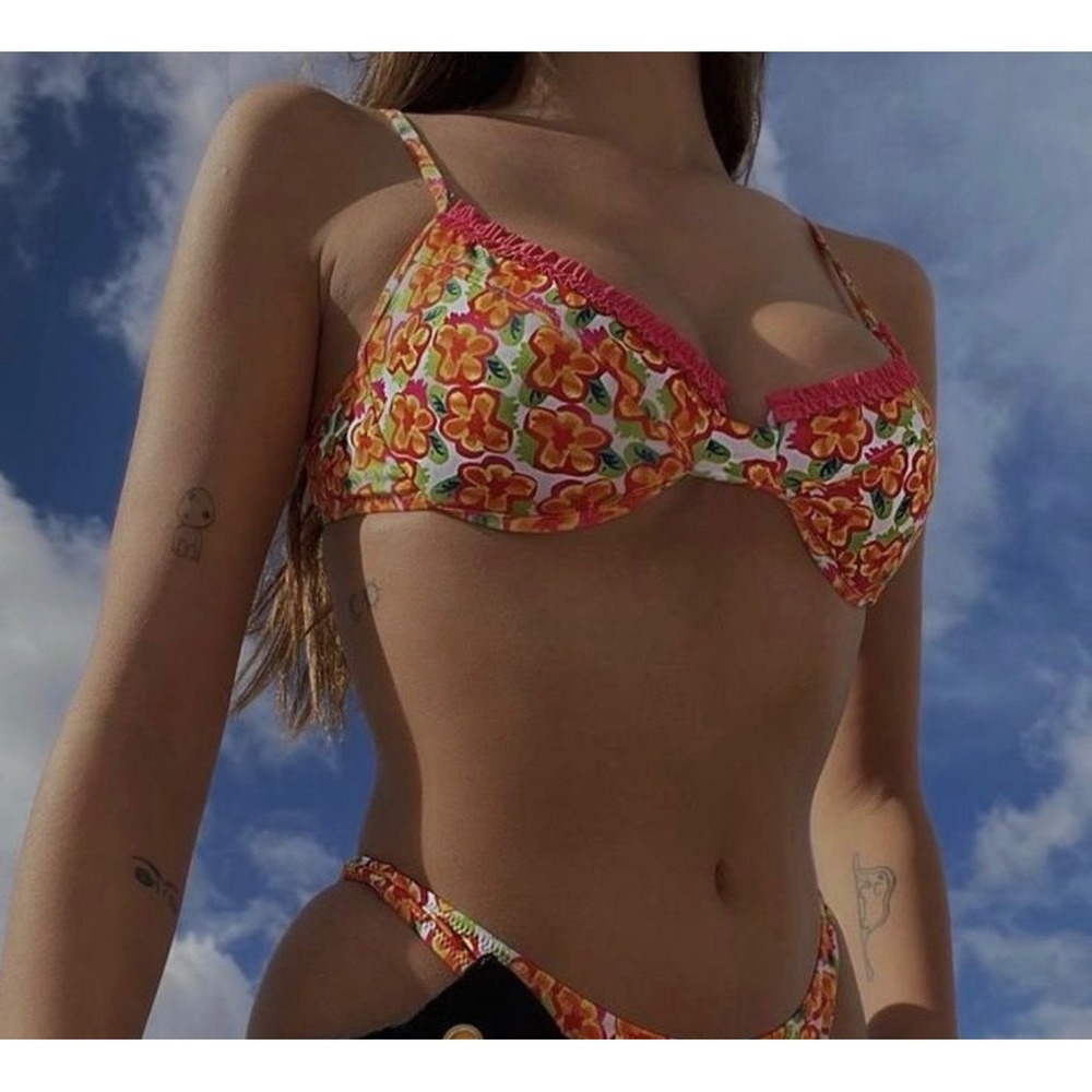 Heavy Manners Orange Floral Underwire Bikini Top Pink Ruffle Trim S